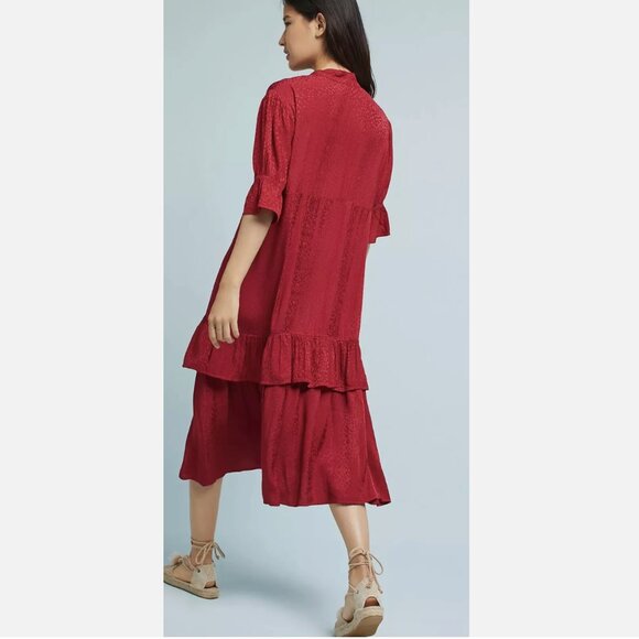 LACAUSA Anthropologie Imelda Raspberry Red Silky Tiered Midi Dress - Picture 3 of 8